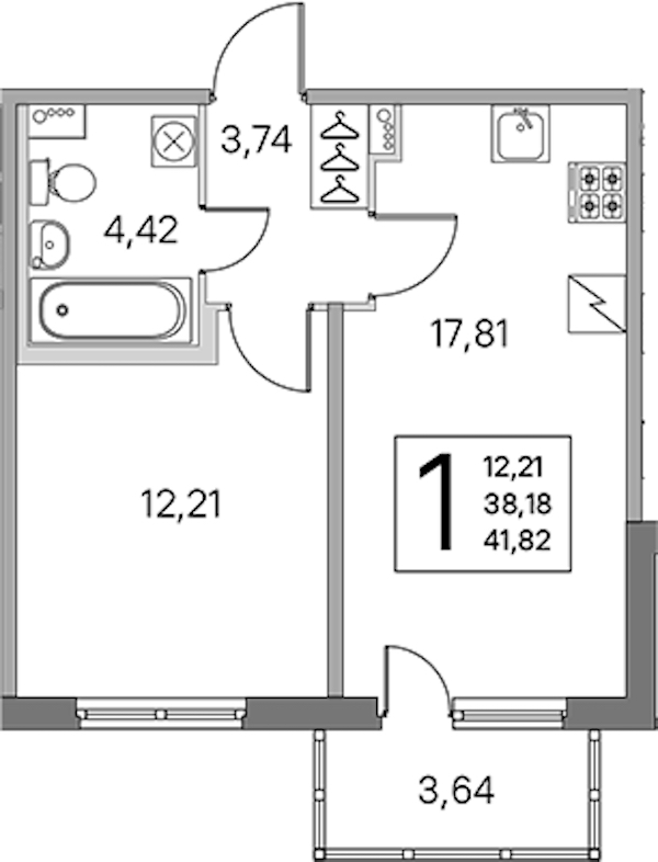 1-комнатная квартира 38.18 м², 2/5 эт., ЖК «ЮгТаун. Олимпийские кварталы»